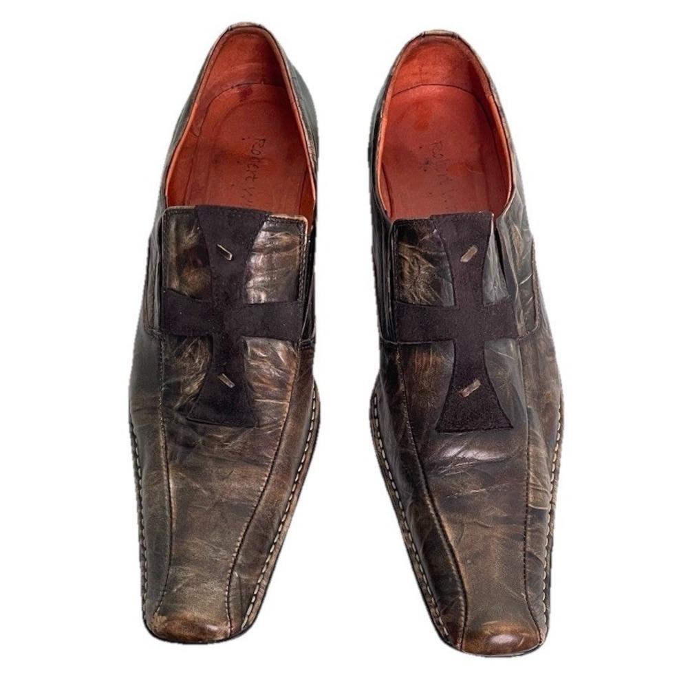 Robert Wayne Distressed Brown Leather Slip-Ons with Suede Cross Accent